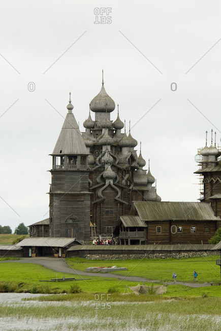 Russia, Lake Onega, Kizhi Island. Historic 22-domed Transfiguration Church built in 1714 without a single nail. UNESCO site.