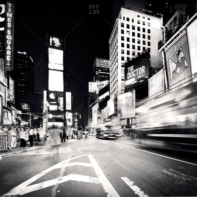 Black and white Times Square street scene