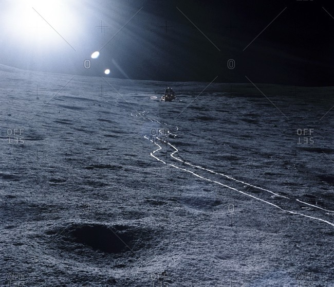 Lunar landing module. The Antares lander (upper center) in the Fra Mauro area on the surface of the Moon. The tracks seen leading from Antares were formed by the Modular Equipment Transport.
