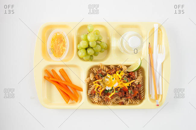 Top view of lunch tray with food