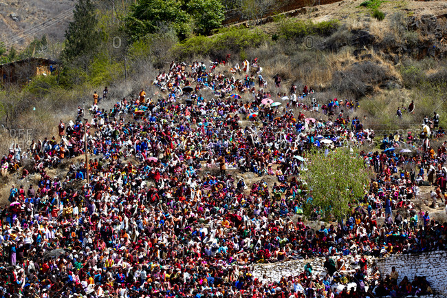 Colorful crowd watching performances of festival in Thimphu, Bhutan