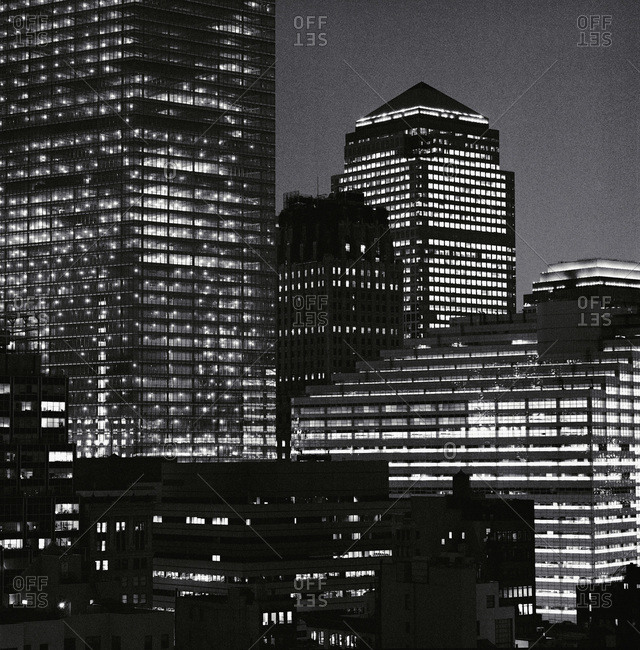 View of city buildings at night, Manhattan, New York City