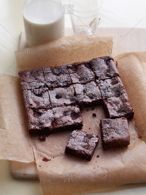 Close-up of chocolate brownie with raspberry