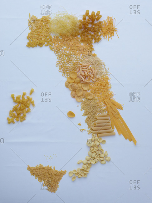 Map of Italy assembled of various kind of pastas