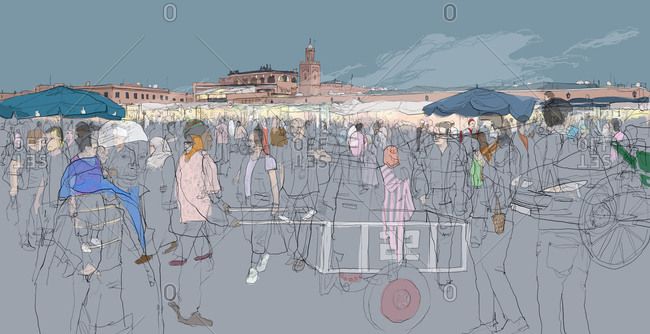 Crowds of local people and tourists moving through Jemaa el Fna Square