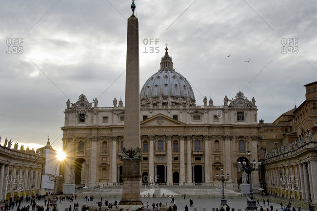Obelisk in front of the St. Peter\'s Basilica at sunset, St. Peter\'s Square, Vatican City