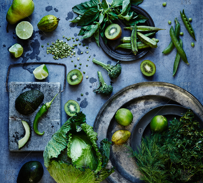 Still life of green fruits and vegetables