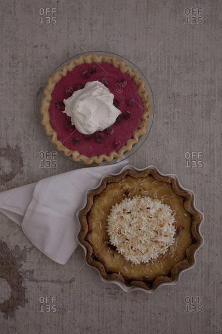 Top view of Cranberry chiffon and classic coconut cream pie