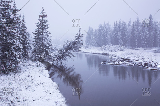 Buffalo Fork of the Snake River with surrounding snowfall landscape