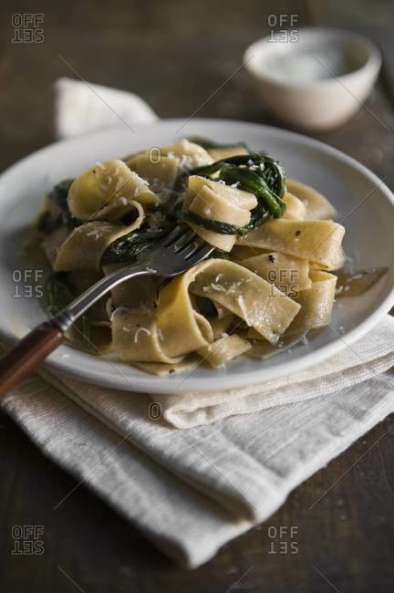 Wheat pasta with wild ramp leaves