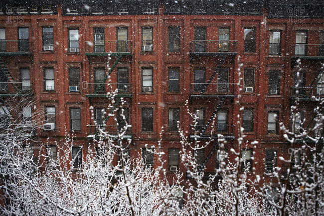West 49th street in snowfall, New York City