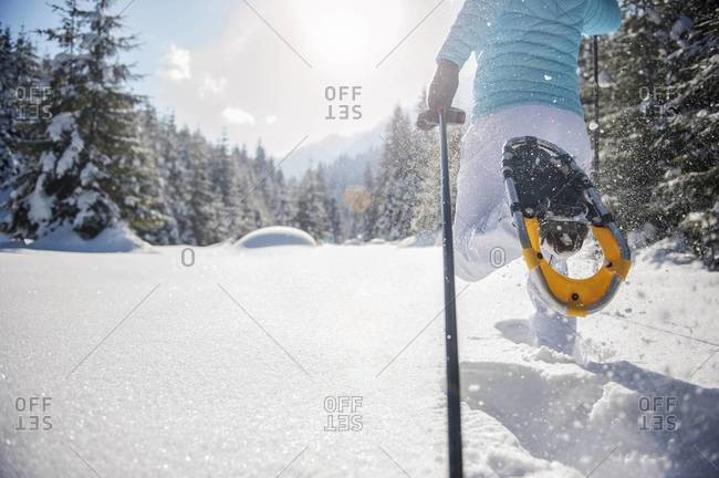 Woman snowshoeing in winter landscape