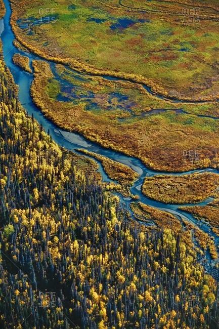 Colorful aerial view over wetlands in Tana Valley, Wrangell-St. Elias National Park, Alaska, USA