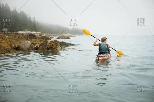 Rear view of man kayaking in  misty weather