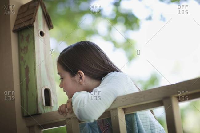 Child examining a bug box on a porch