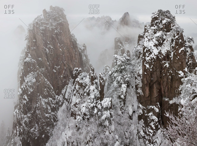 The snow-covered Huangshan or Yellow Mountain, Anhui Province, China