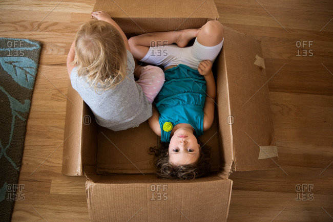Overhead view of siblings sitting in cardboard box