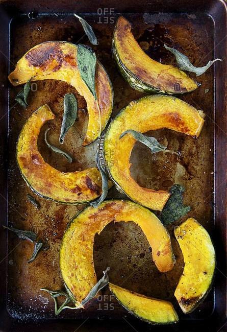 Over head view of roasted kabocha squash
