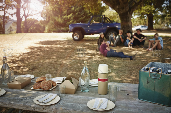 Picnic table laid out in park with friends in background