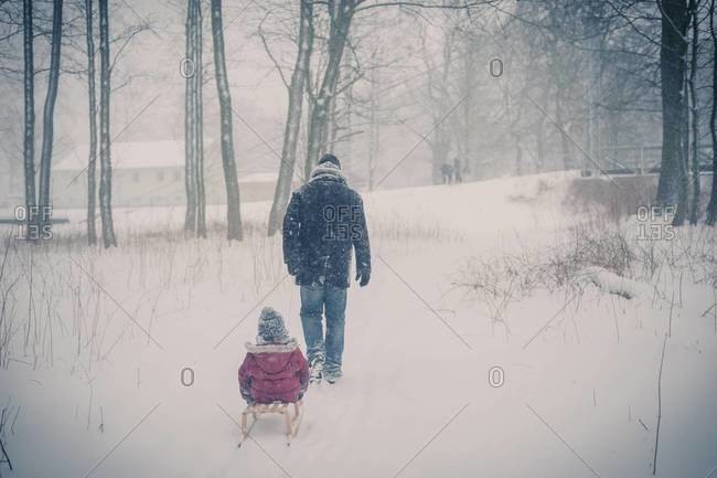 Father pulling sledge with son in snow