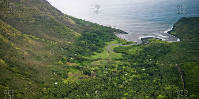 Aerial view looks towards on Maui\'s rugged Western coast.