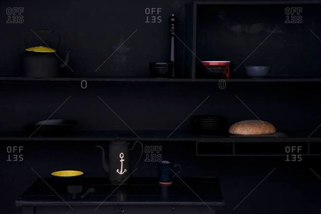 Interior with everyday objects painted black