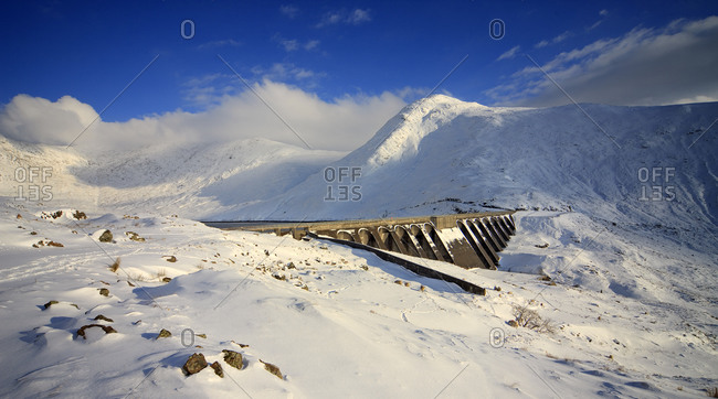 The Ben Cruachan Dam covered in snow, Argyll, Scotland