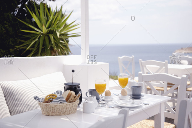 Table set for breakfast in Greek hotel