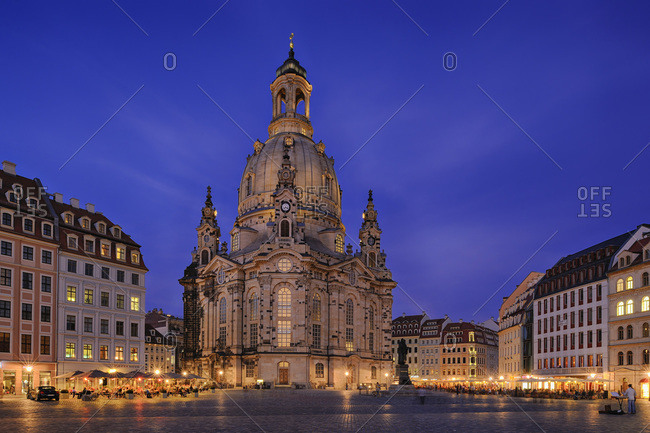View to lighted Church of Our Lady at Neumarkt square