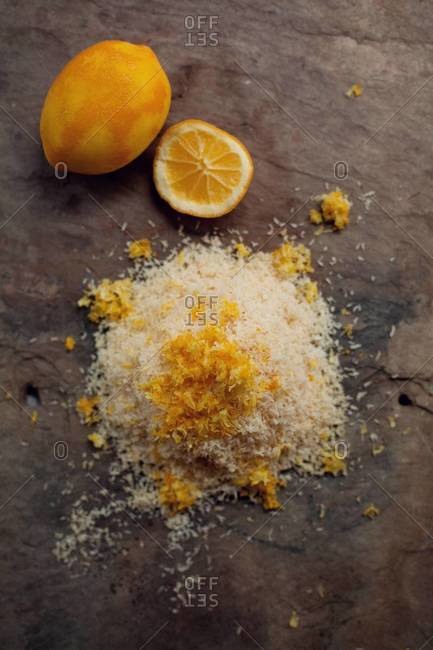 Lemon zest on a pile of coconut shreds