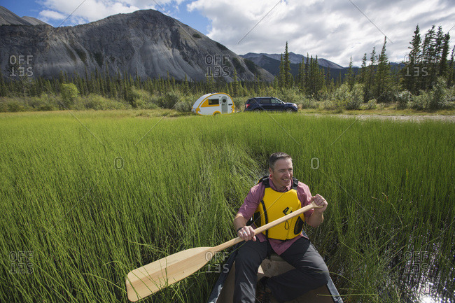 Canoeing at Muncho Lake, Alaska Highway, British Columbia, Canada