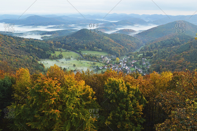 View from Wegelnburg Castle of Nothweiler Village, Palatinate Forest, Rhineland-Palatinate, Germany