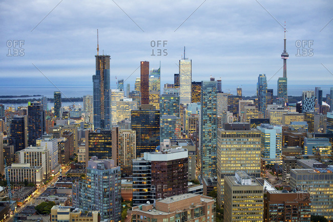 Toronto skyline with CN Tower and condominium buildings at Dusk, Toronto, Ontario, Canada