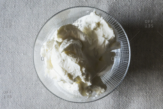 Overhead view of strained Greek yogurt, known as Labneh