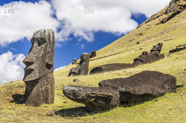 Rano Raraku, the quarry site for all Moai statues on Easter Island (Isla de Pascua) (Rapa Nui), Chile, South America