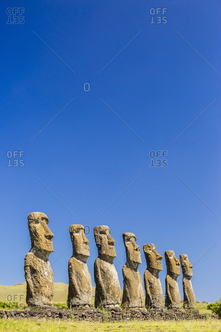 Seven Moai at Ahu Akivi, the first restored altar on Easter Island (Isla de Pascua) (Rapa Nui), Chile, South America
