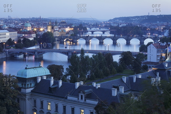 Vltava River with the bridges, Charles Bridge, and the Old Town with Old Town Bridge Tower, Prague, Bohemia, Czech Republic