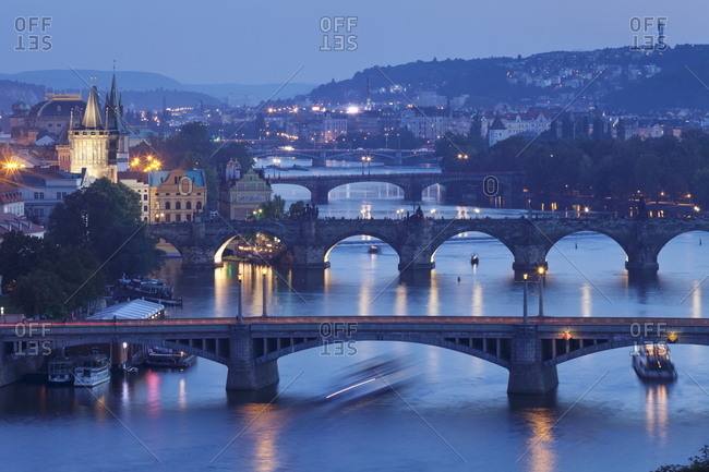 Bridges over the Vltava River including Charles Bridge, and Old Town with Old Town Bridge Tower, Prague, Bohemia, Czech Republic, Europe
