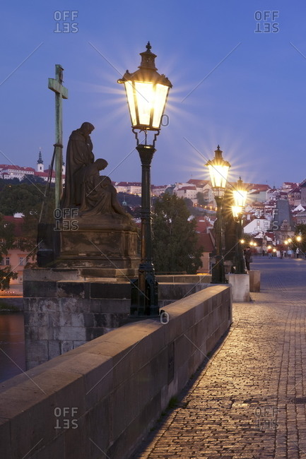 Illuminated Charles Bridge, Prague, Bohemia, Czech Republic, Europe