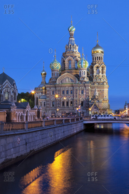 The Church on Spilled Blood, on the Kanal Griboedova, illuminated at dusk, St. Petersburg, Russia