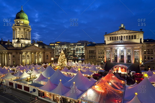 Traditional Christmas Market at Gendarmenmarkt, illuminated at dusk, Berlin, Germany