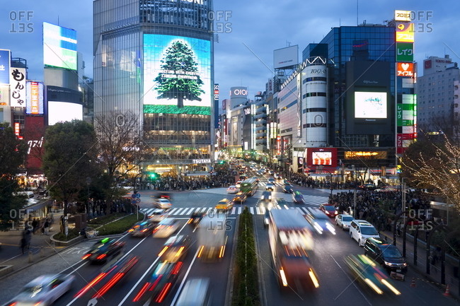 The famous Shibuya Crossing, Shibuya\'s fashionable shopping and entertainment district, Tokyo, Japan