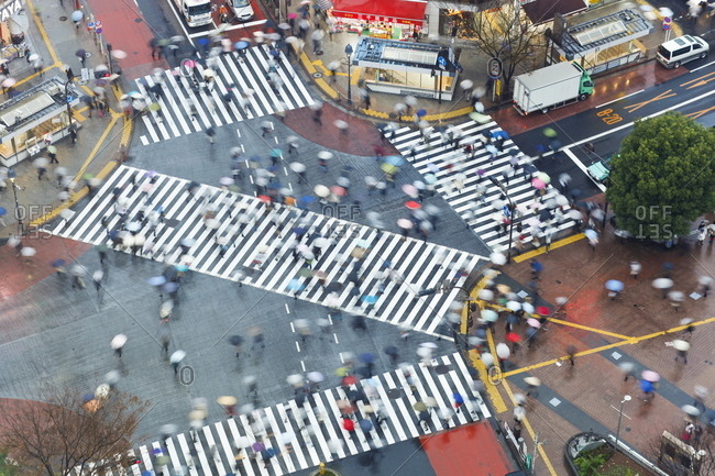 Aerial view of crowds crossing the famous Shibuya Crossing crosswalks, Shibuya's fashionable shopping and entertainment district, Tokyo, Japan
