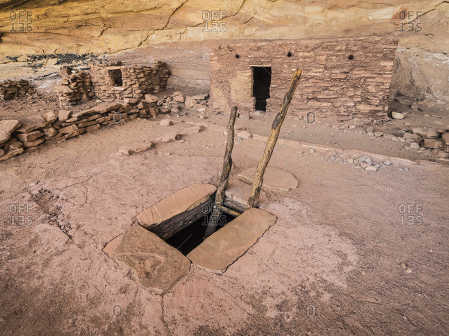 A ladder sticks out of a Kiva opening amongst indian ruins.