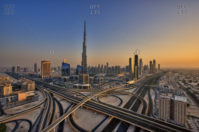 Dubai skyline of modern architecture and view of Burj Khalifa skyscraper