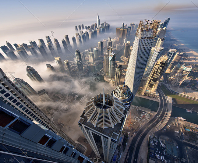 Bird\'s eye view of Dubai in fog