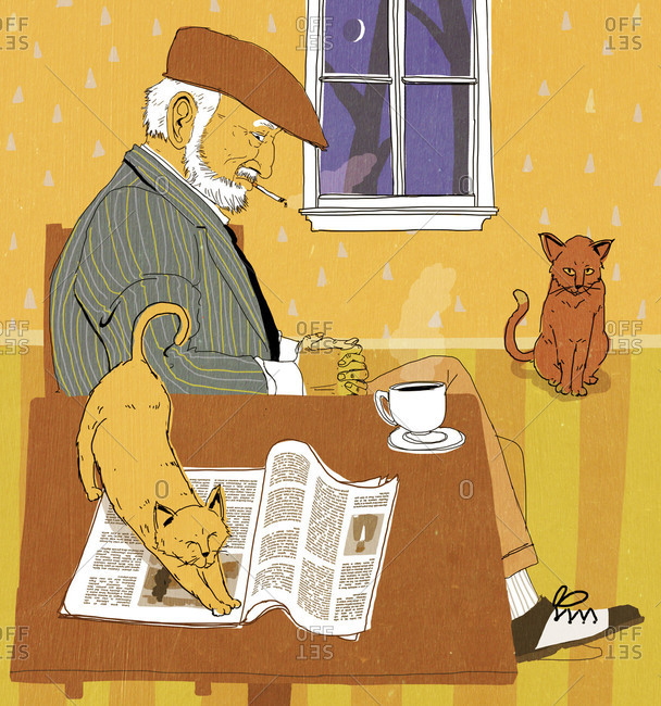 Old man smoking cigarette with the company of his cats