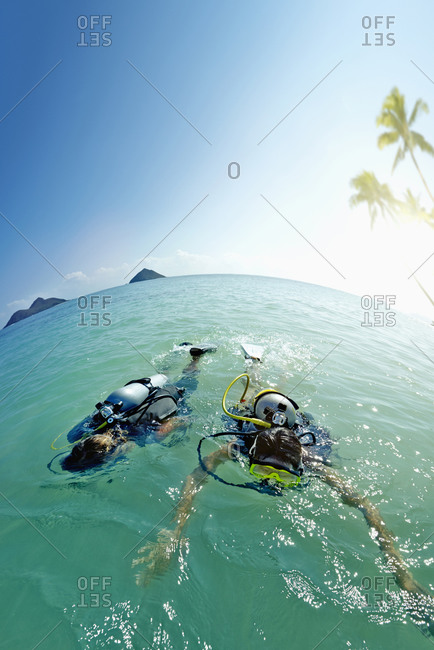 Couple scuba diving in ocean