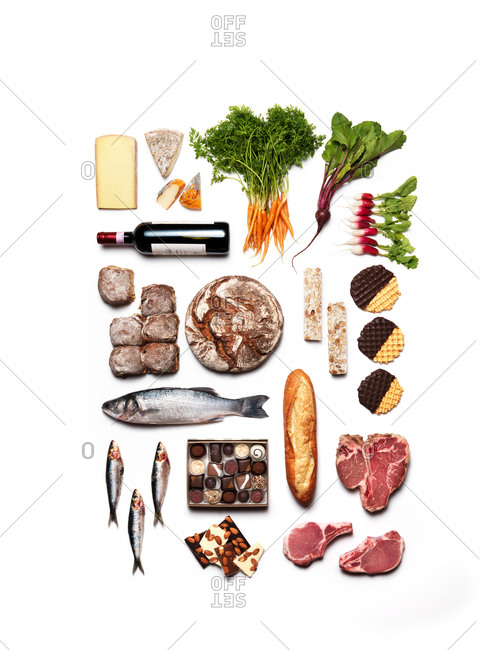 Various food displayed on white background