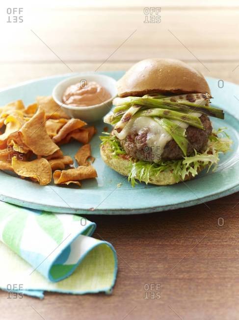 Pork burger served with chips and mayo